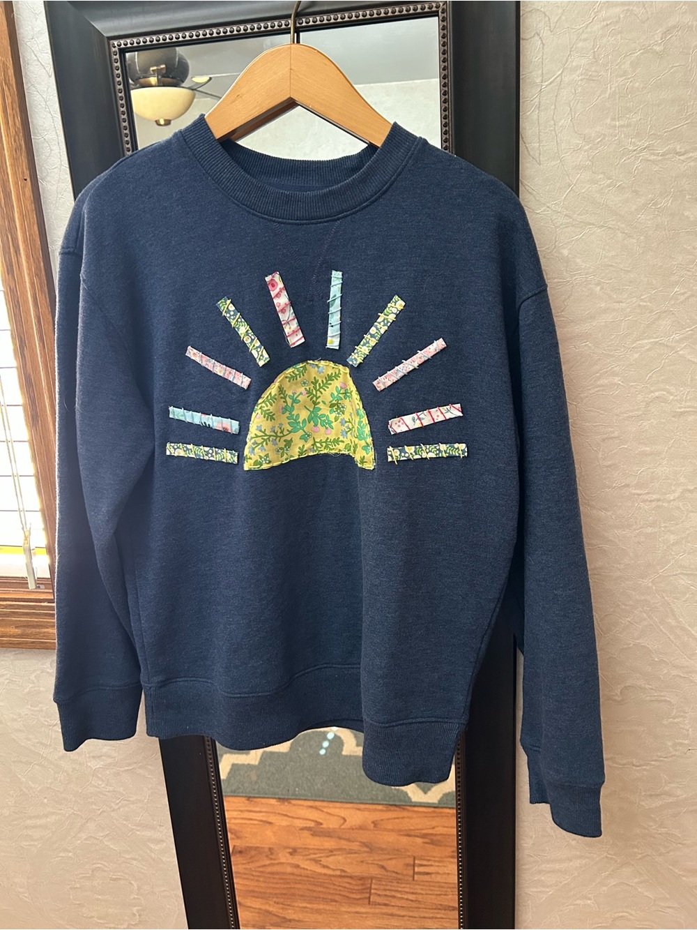 Upcycled Crewneck Sweatshirt with Hand-Stitched Sunburst Appliqué